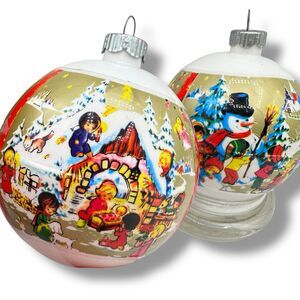 X2 Vintage Kitschy Shiny Brite Wrapped Plastic Christmas Ornaments Sled & Angels
